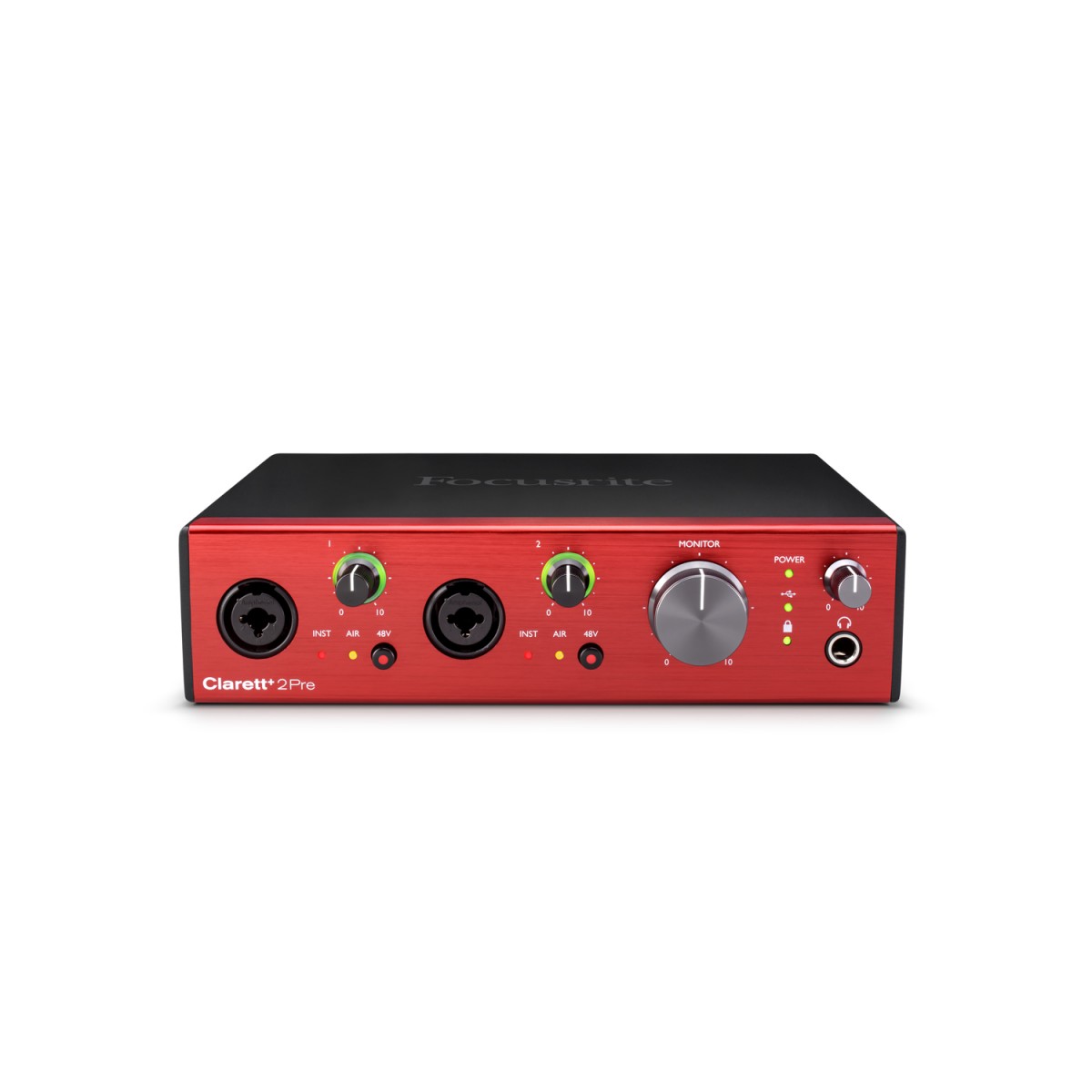 Upgrade your recording setup with the Focusrite Clarett+ 2Pre USB Audio Interface. It features two Clarett+ mic preamps, analogue Air mode, JFET instrument inputs, four balanced outputs, ADAT expansion, USB-C connectivity and 24-bit/192 kHz audio support. A flexible choice for recording, production and studio monitoring.
