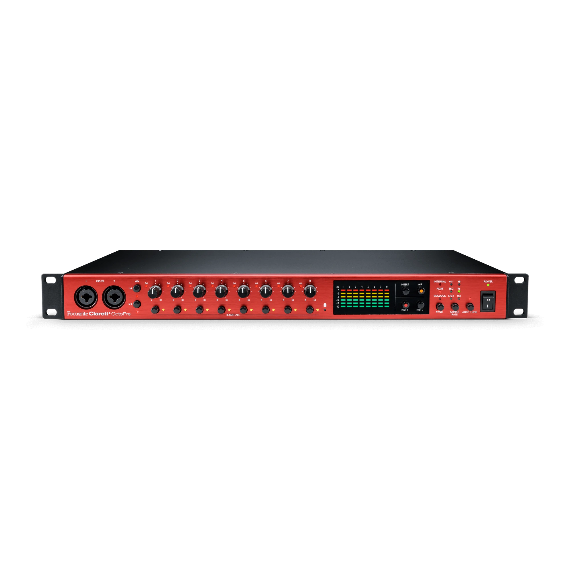 Clarett+ Octo Pre Focusrite Clarett+ OctoPre 8-Channel ADAT Preamp with eight Clarett+ preamps, Air mode, ADAT I/O and high-quality 24-bit/192 kHz conversion.