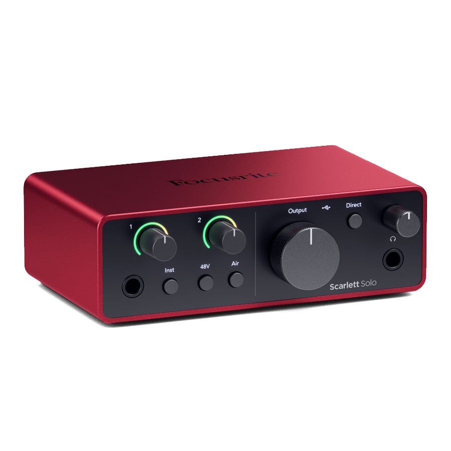 The Focusrite Scarlett Solo 4th Gen USB Audio Interface gives musicians and home producers an easy way to record vocals, guitars and other instruments. It features a microphone preamp, dedicated instrument input, Air Presence and Harmonic Drive modes, loopback, balanced outputs, headphone monitoring and USB-C connectivity. It also supports 24-bit/192 kHz audio and includes useful music-production software.