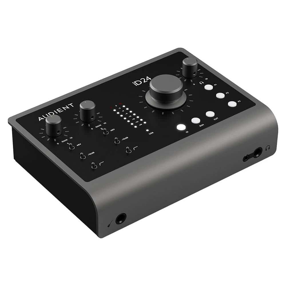 audient-id24-audio-interface-controls Build a flexible recording setup with the Audient iD24. Get two Console mic preamps, JFET instrument input, balanced inserts, ADAT expansion, four line outputs and advanced monitor control.
