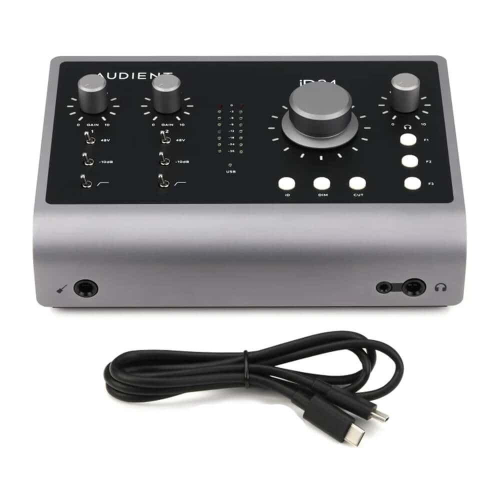 audient-id24-interface-with-accessories Build a flexible recording setup with the Audient iD24. Get two Console mic preamps, JFET instrument input, balanced inserts, ADAT expansion, four line outputs and advanced monitor control.