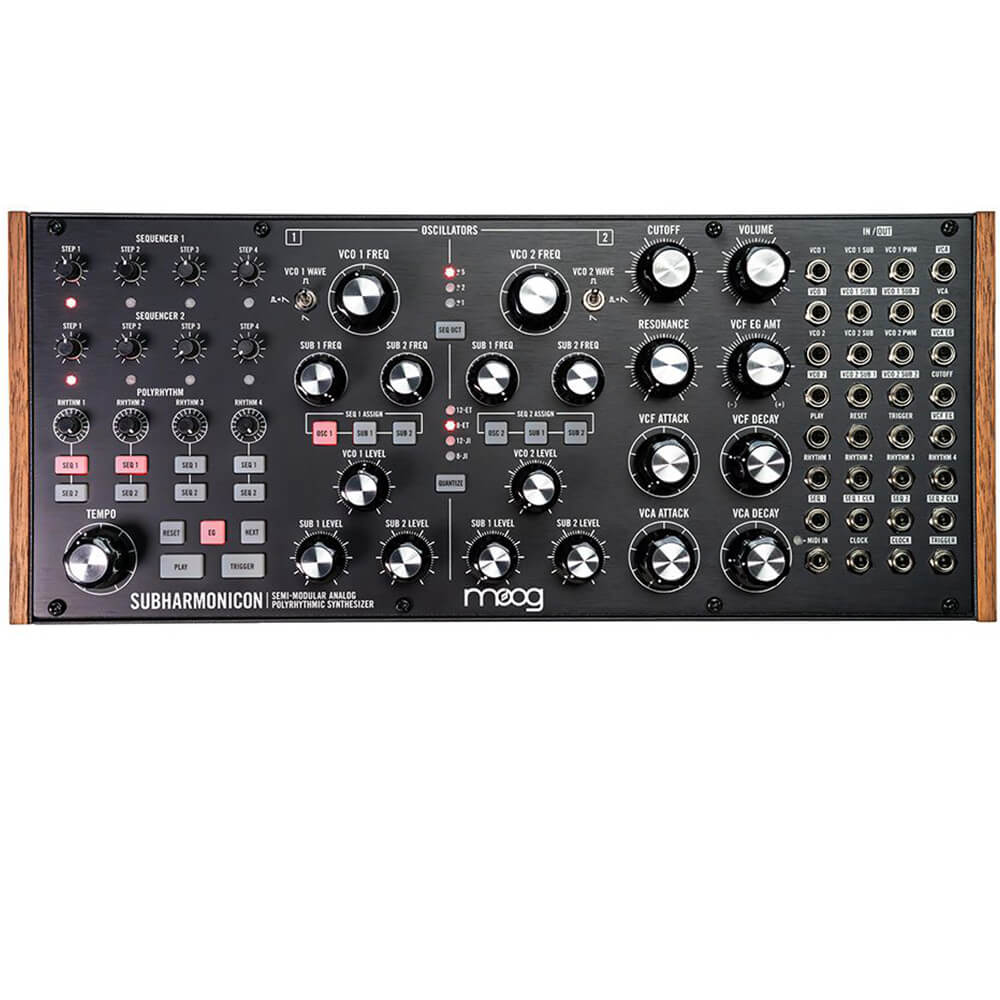 Explore experimental analog synthesis with the Moog Subharmonicon. Its subharmonic oscillators, dual sequencers, four rhythm generators and resonant ladder filter offer creative possibilities for polyrhythmic music and sound design.